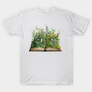 Various plants and flowers Blossoms bloom on the pages of books. T-Shirt